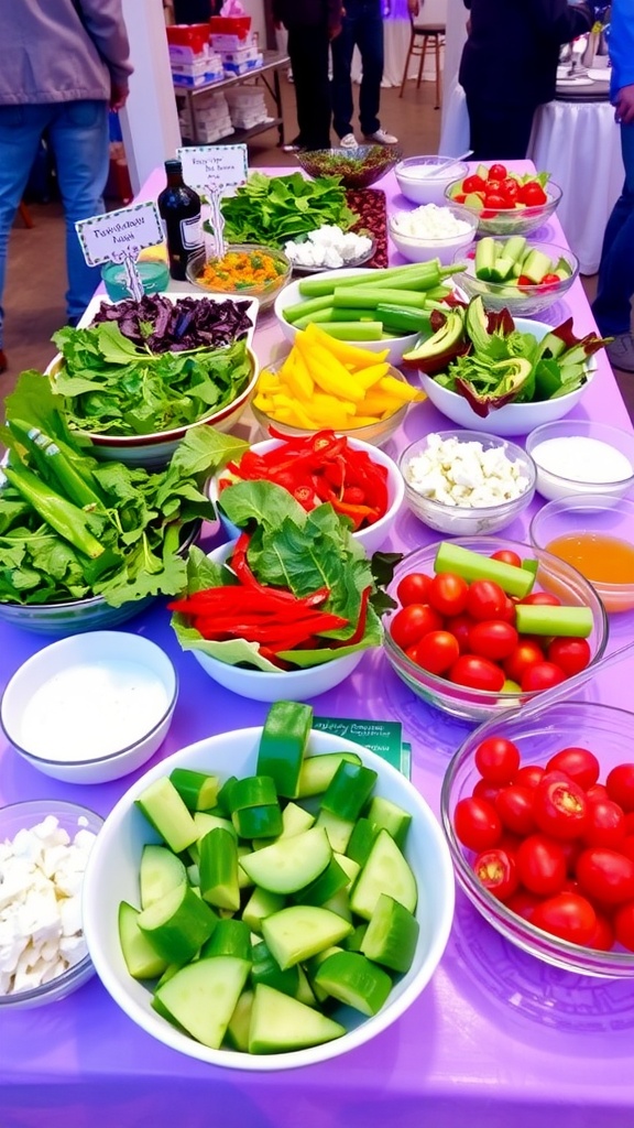 A colorful salad bar with fresh ingredients for a party, including greens, vegetables, and dressings.